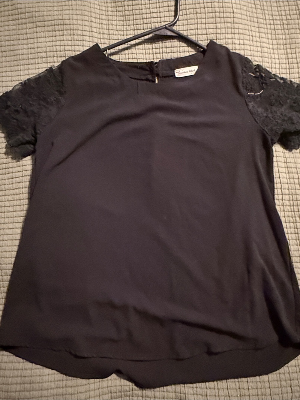 Women's Black Short Sleeve Lace Accent Blouse